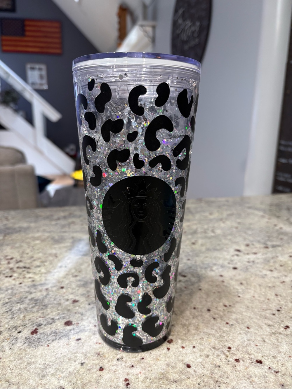 Starbucks Snow Globe Silver Glitter Leopard Tumbler with Black Accents